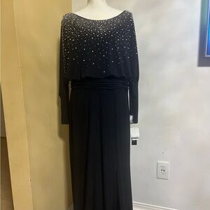 Betsy & Adam Black Long Sleeve Beaded Gown